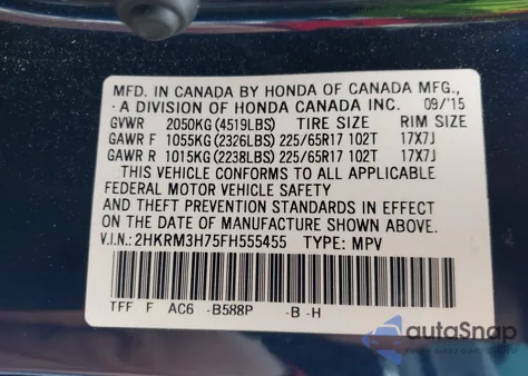 2015 Honda Cr-V Ex-L z USA, uszkodzony, nr VIN 2HKRM3H75FH555455